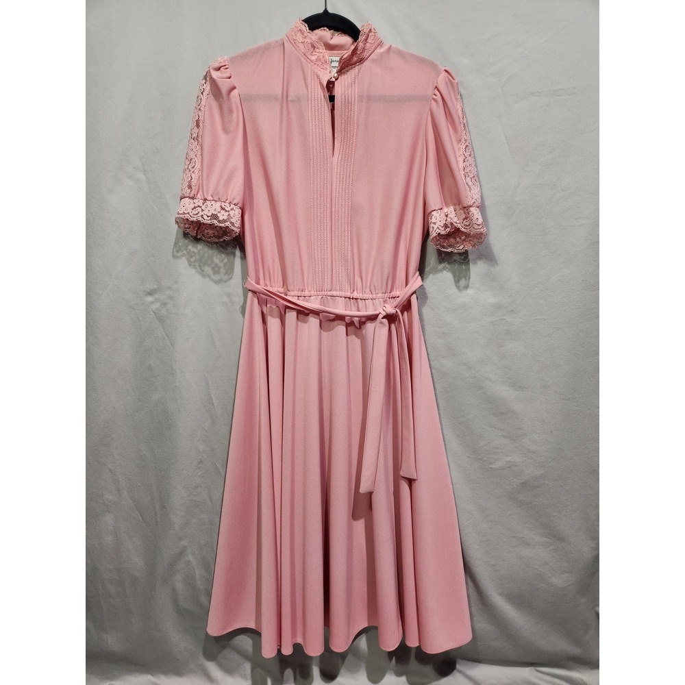 Vintage Jane Baar 70s Pink Lace Trim Keyhole Puff Sleeve Midi Shift Dress Sz 12